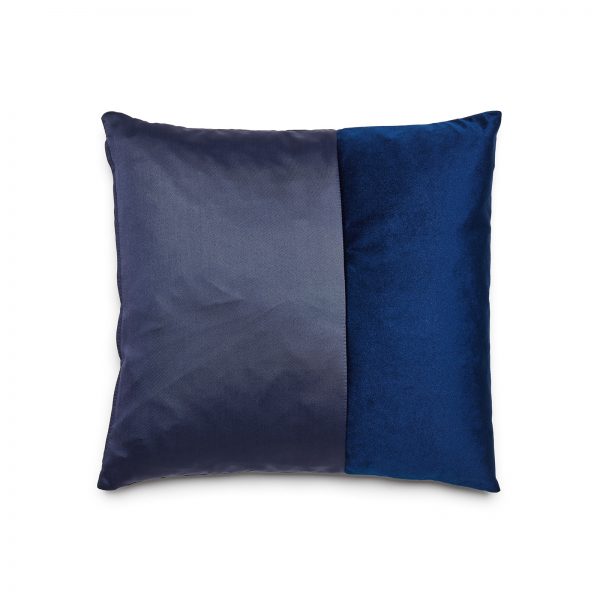 Blue Duo Cushion by ONTWERPDUO showing velvet and satin two tone.