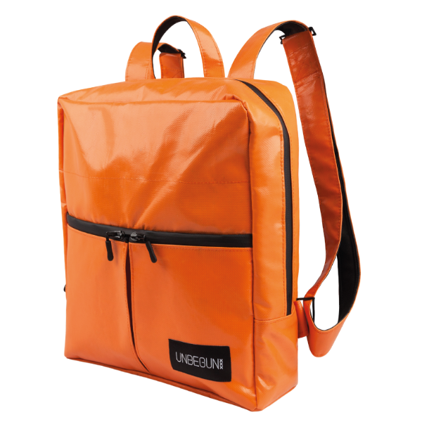 An orange Alberty Cuyp waterproof backpack against a white background. 